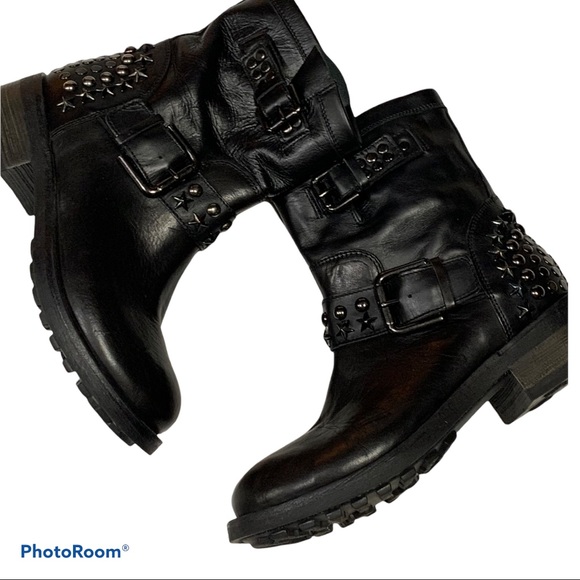 Barney’s NY Moto Boots Black Leather Star Studded Buckled Sz 7 - Picture 2 of 15